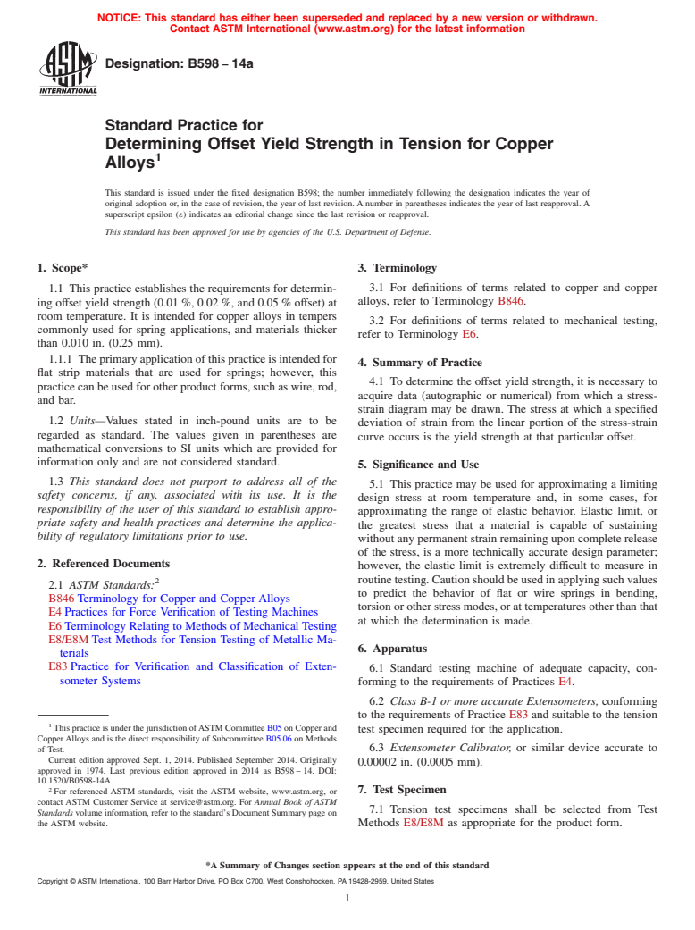 ASTM B598-14a - Standard Practice for Determining Offset Yield Strength in Tension for Copper Alloys (Withdrawn 2019)