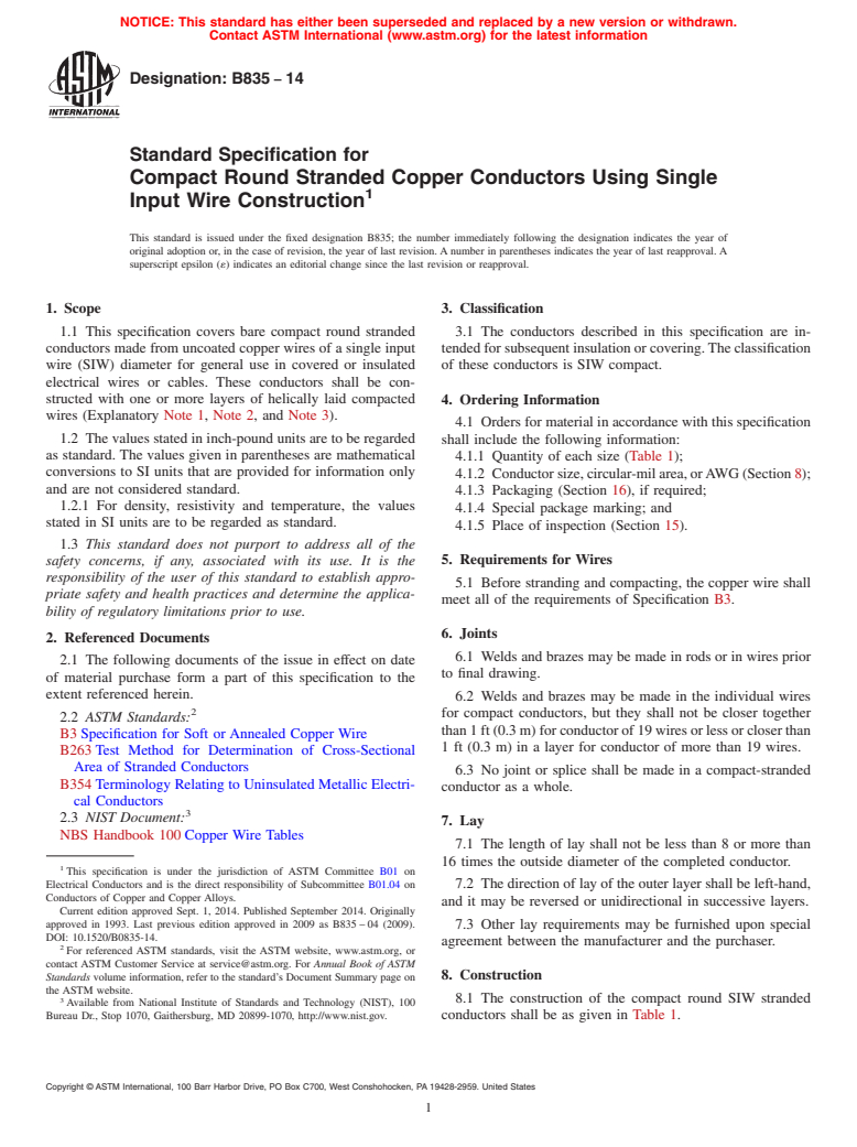 ASTM B835-14 - Standard Specification for Compact Round Stranded Copper Conductors Using Single Input   Wire Construction