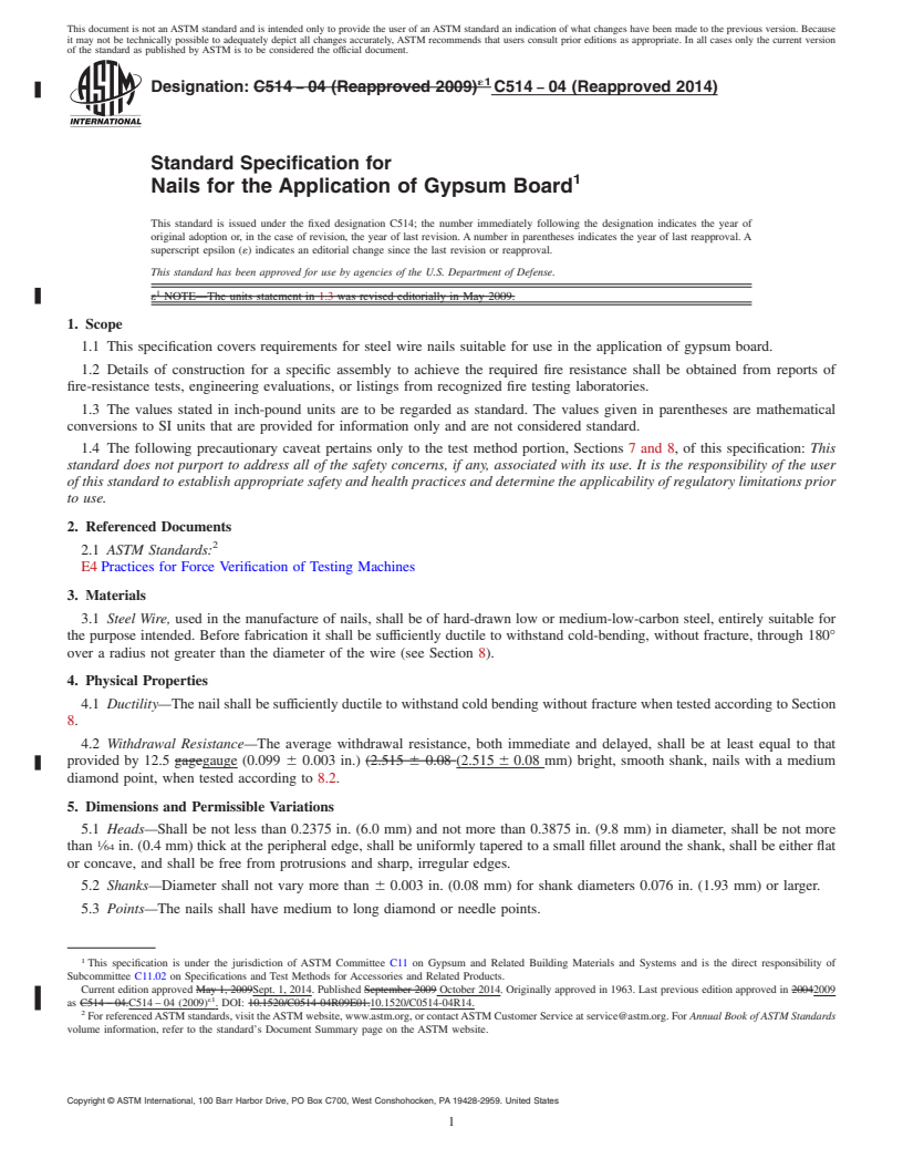 REDLINE ASTM C514-04(2014) - Standard Specification for  Nails for the Application of Gypsum Board