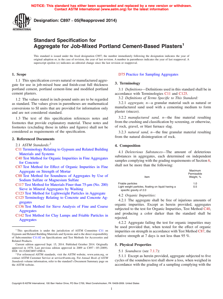 ASTM C897-05(2014) - Standard Specification for  Aggregate for Job-Mixed Portland Cement-Based Plasters