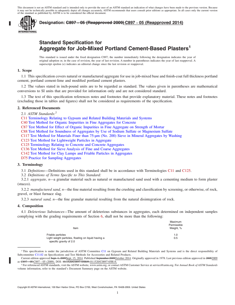 REDLINE ASTM C897-05(2014) - Standard Specification for  Aggregate for Job-Mixed Portland Cement-Based Plasters