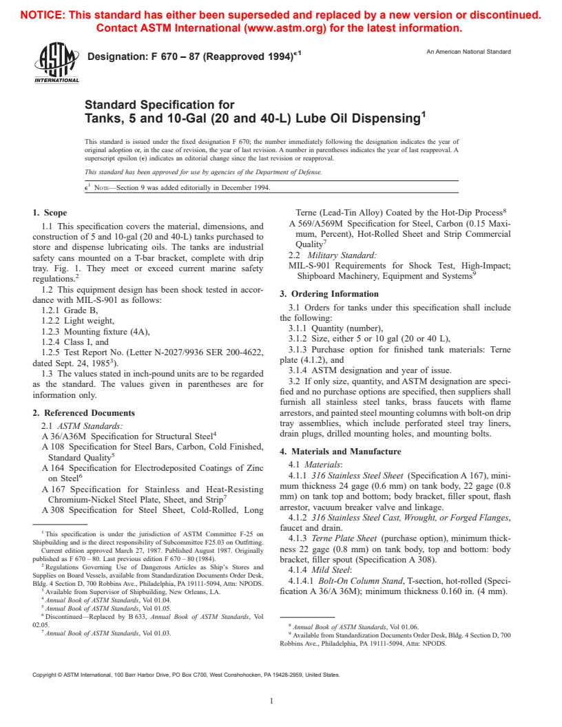 ASTM F670-87(1994)e1 - Standard Specification for Tanks, 5 and 10-Gal (20 and 40-L) Lube Oil Dispensing