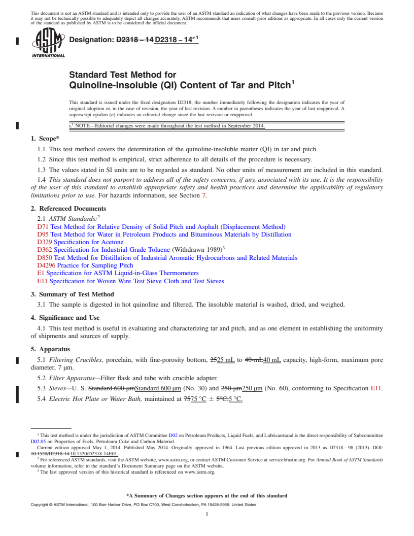 REDLINE ASTM D2318-14e1 - Standard Test Method for  Quinoline-Insoluble &#40;QI&#41; Content of Tar and Pitch