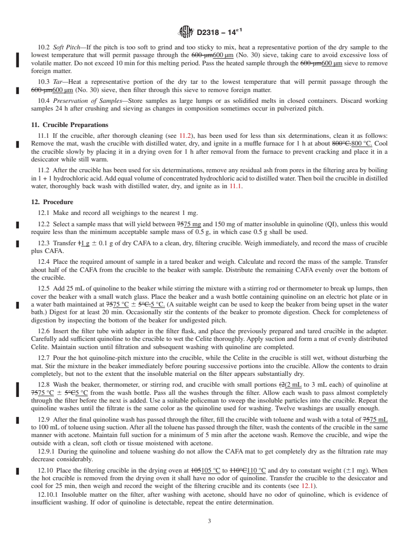 REDLINE ASTM D2318-14e1 - Standard Test Method for  Quinoline-Insoluble &#40;QI&#41; Content of Tar and Pitch