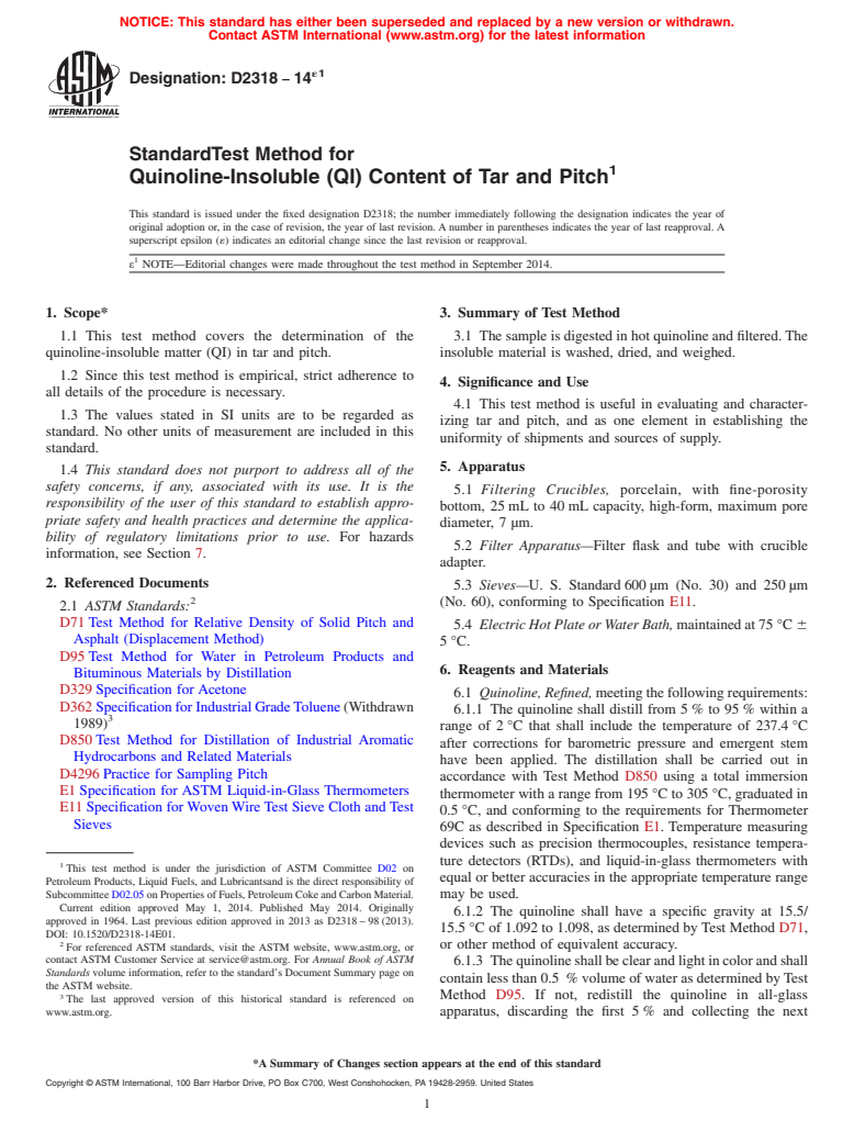 ASTM D2318-14e1 - Standard Test Method for  Quinoline-Insoluble &#40;QI&#41; Content of Tar and Pitch