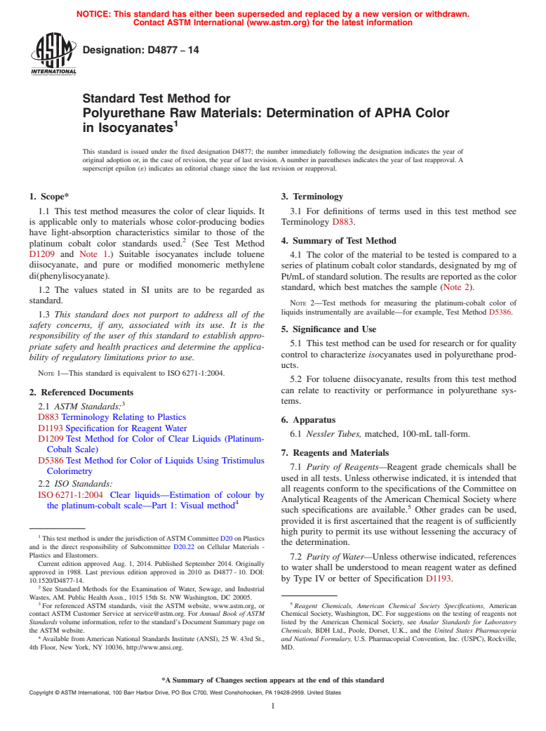 ASTM D4877-14 - Standard Test Method for  Polyurethane Raw Materials: Determination of APHA Color in  Isocyanates