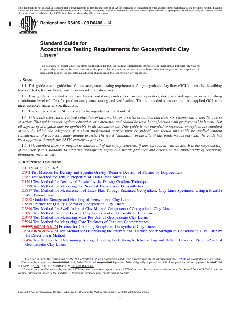 REDLINE ASTM D6495-14 - Standard Guide for Acceptance Testing Requirements for Geosynthetic Clay Liners