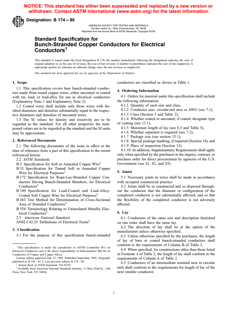 ASTM B174-95 - Standard Specification for Bunch-Stranded Copper Conductors for Electrical Conductors