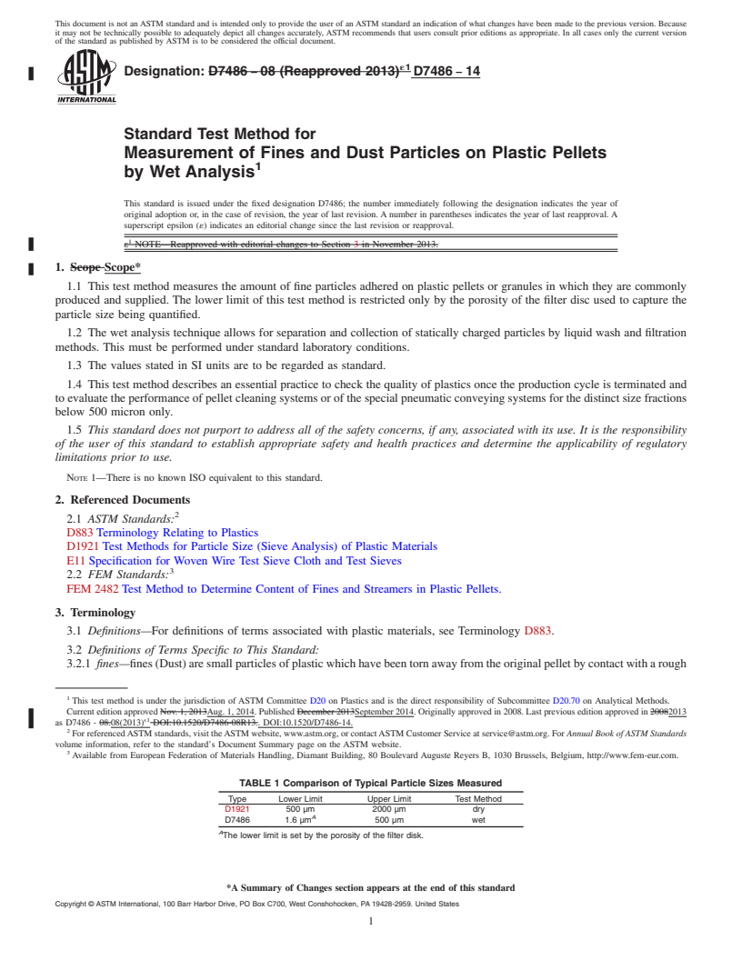 REDLINE ASTM D7486-14 - Standard Test Method for  Measurement of Fines and Dust Particles on Plastic Pellets  by Wet Analysis