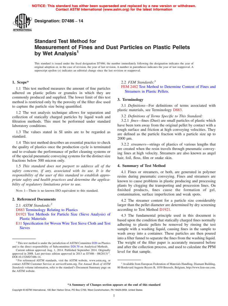 ASTM D7486-14 - Standard Test Method for  Measurement of Fines and Dust Particles on Plastic Pellets  by Wet Analysis