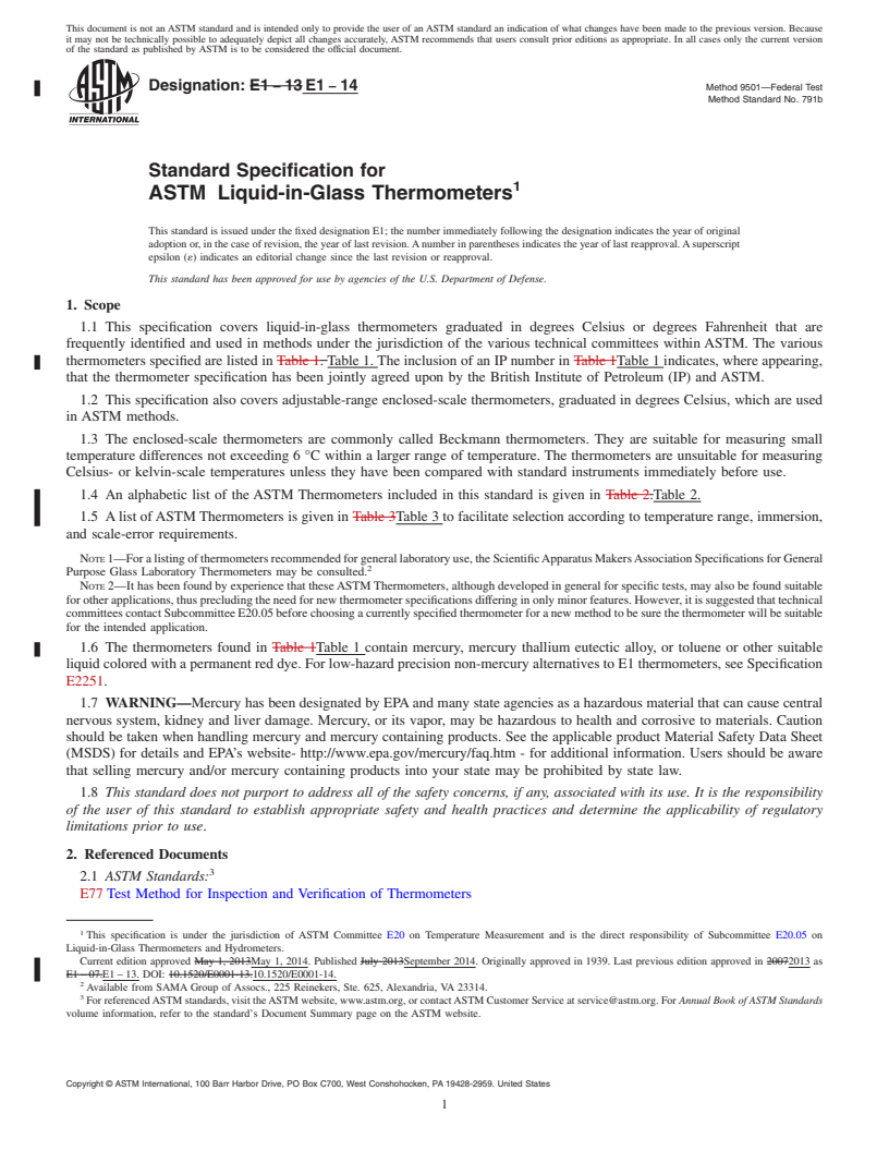 REDLINE ASTM E1-14 - Standard Specification for  ASTM&ensp;Liquid-in-Glass Thermometers