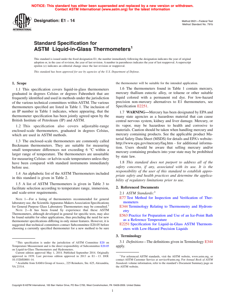 ASTM E1-14 - Standard Specification for  ASTM&ensp;Liquid-in-Glass Thermometers