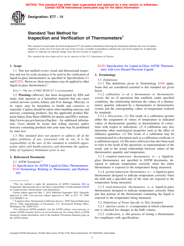 ASTM E77-14 - Standard Test Method for  Inspection and Verification of Thermometers
