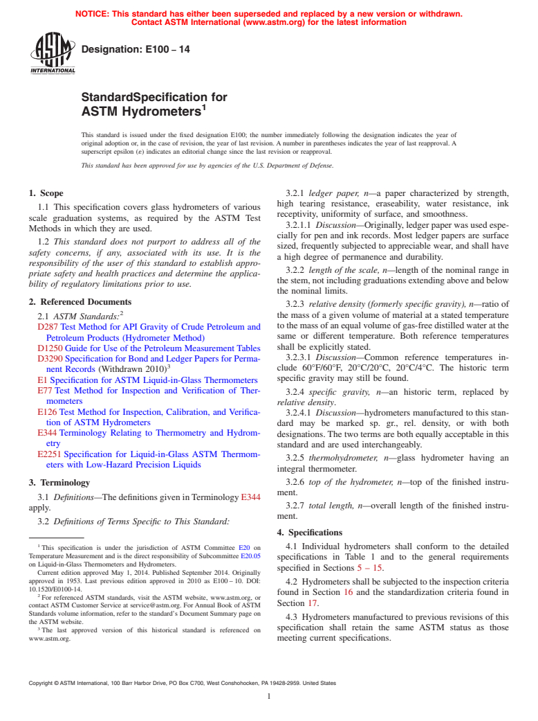 ASTM E100-14 - Standard Specification for  ASTM Hydrometers