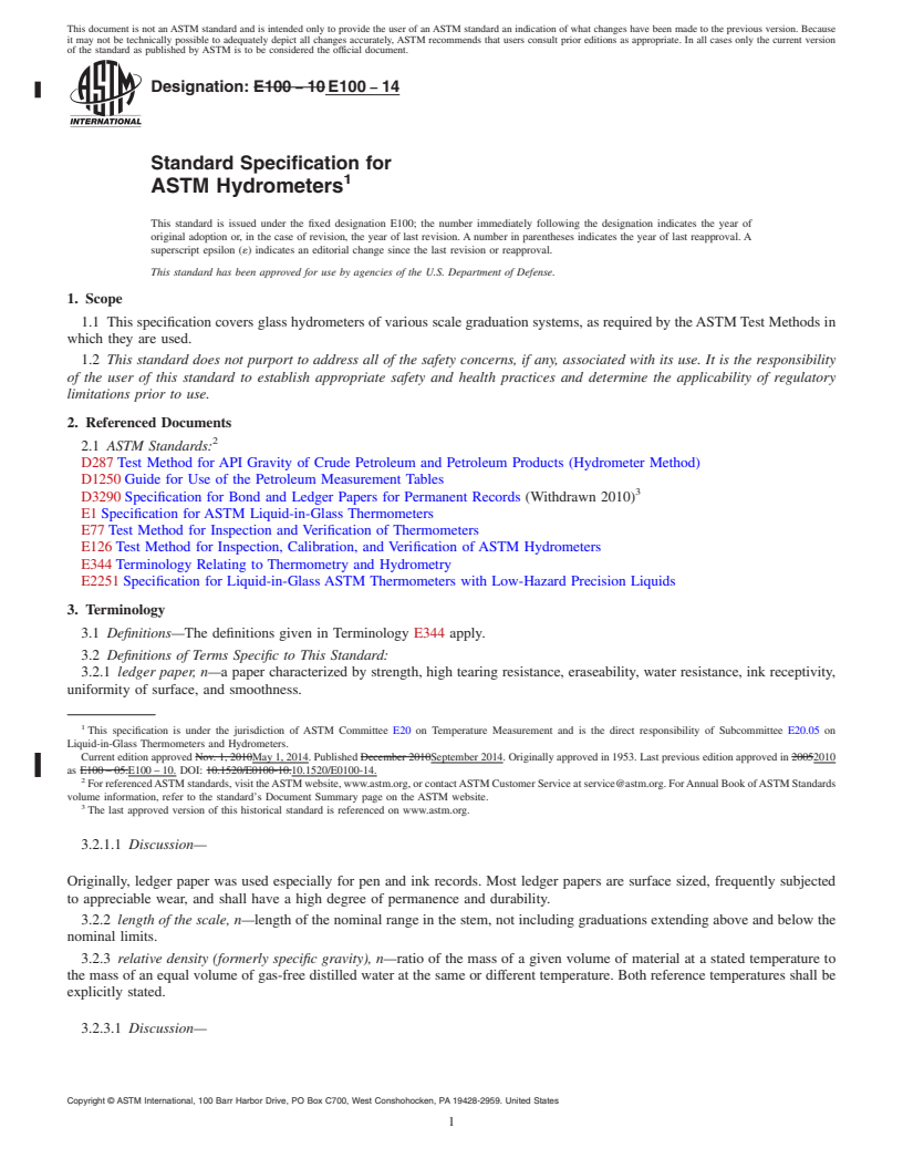 REDLINE ASTM E100-14 - Standard Specification for  ASTM Hydrometers