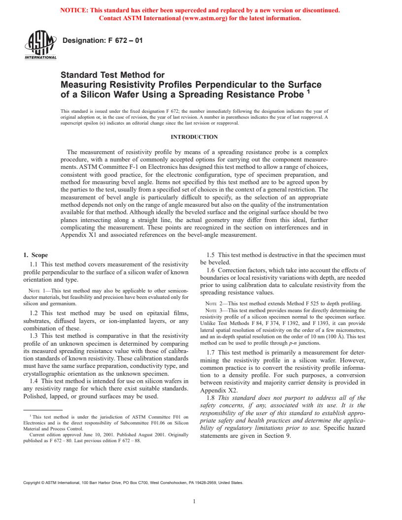 ASTM F672-01 - Standard Test Method for Measuring Resistivity Profiles Perpendicular to the Surface of a Silicon Wafer Using a Spreading Resistance Probe (Withdrawn 2003)