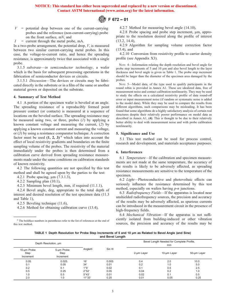 ASTM F672-01 - Standard Test Method for Measuring Resistivity Profiles Perpendicular to the Surface of a Silicon Wafer Using a Spreading Resistance Probe (Withdrawn 2003)