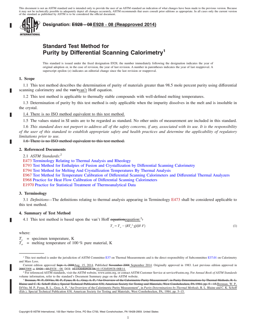 REDLINE ASTM E928-08(2014) - Standard Test Method for  Purity by Differential Scanning Calorimetry