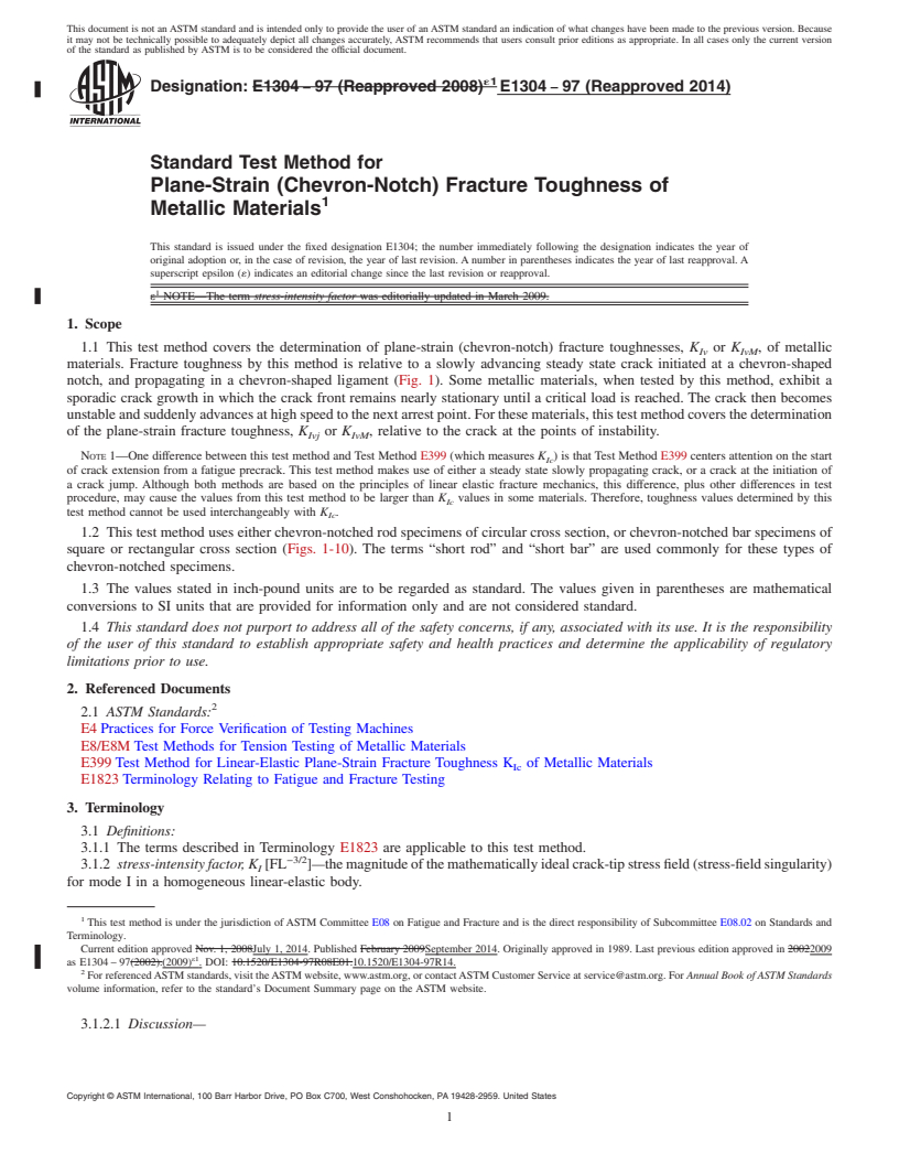 REDLINE ASTM E1304-97(2014) - Standard Test Method for  Plane-Strain &#40;Chevron-Notch&#41; Fracture Toughness of Metallic  Materials