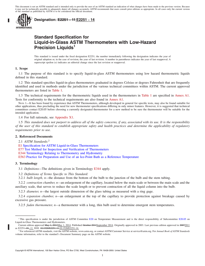 REDLINE ASTM E2251-14 - Standard Specification for  Liquid-in-Glass ASTM Thermometers with Low-Hazard Precision   Liquids