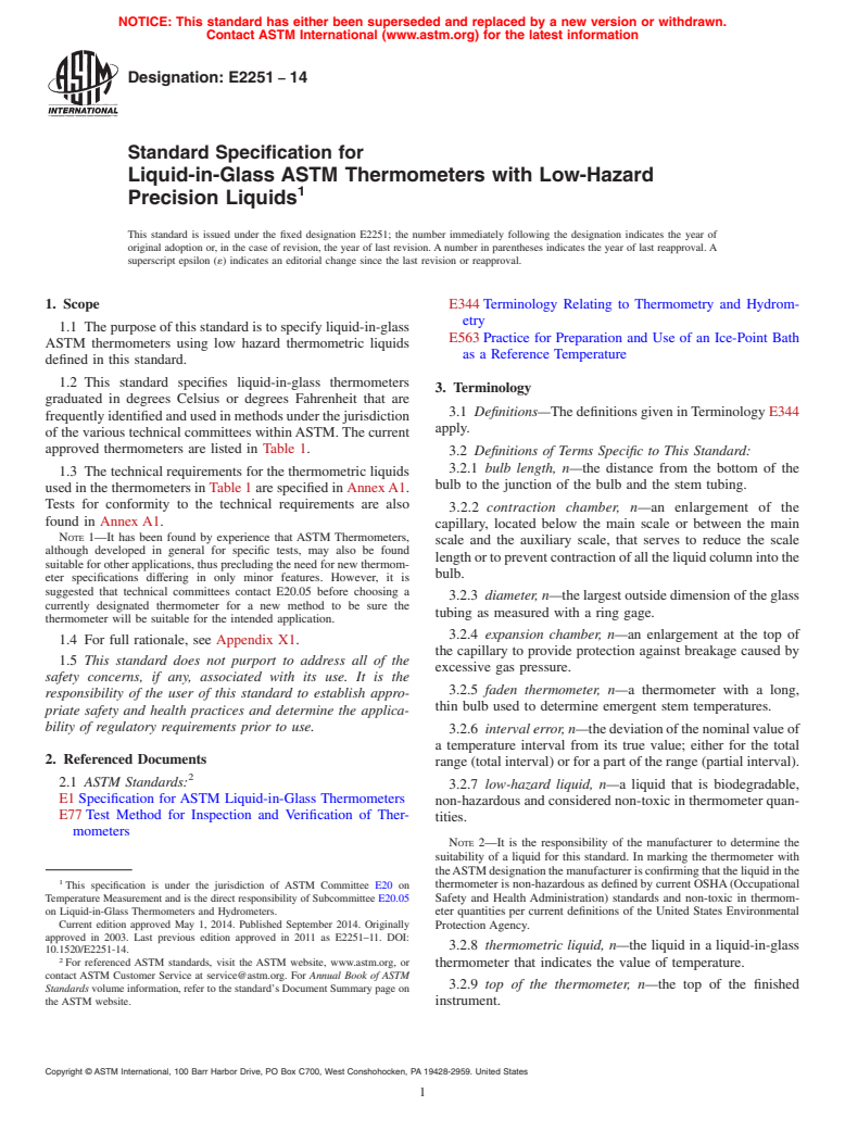 ASTM E2251-14 - Standard Specification for  Liquid-in-Glass ASTM Thermometers with Low-Hazard Precision   Liquids