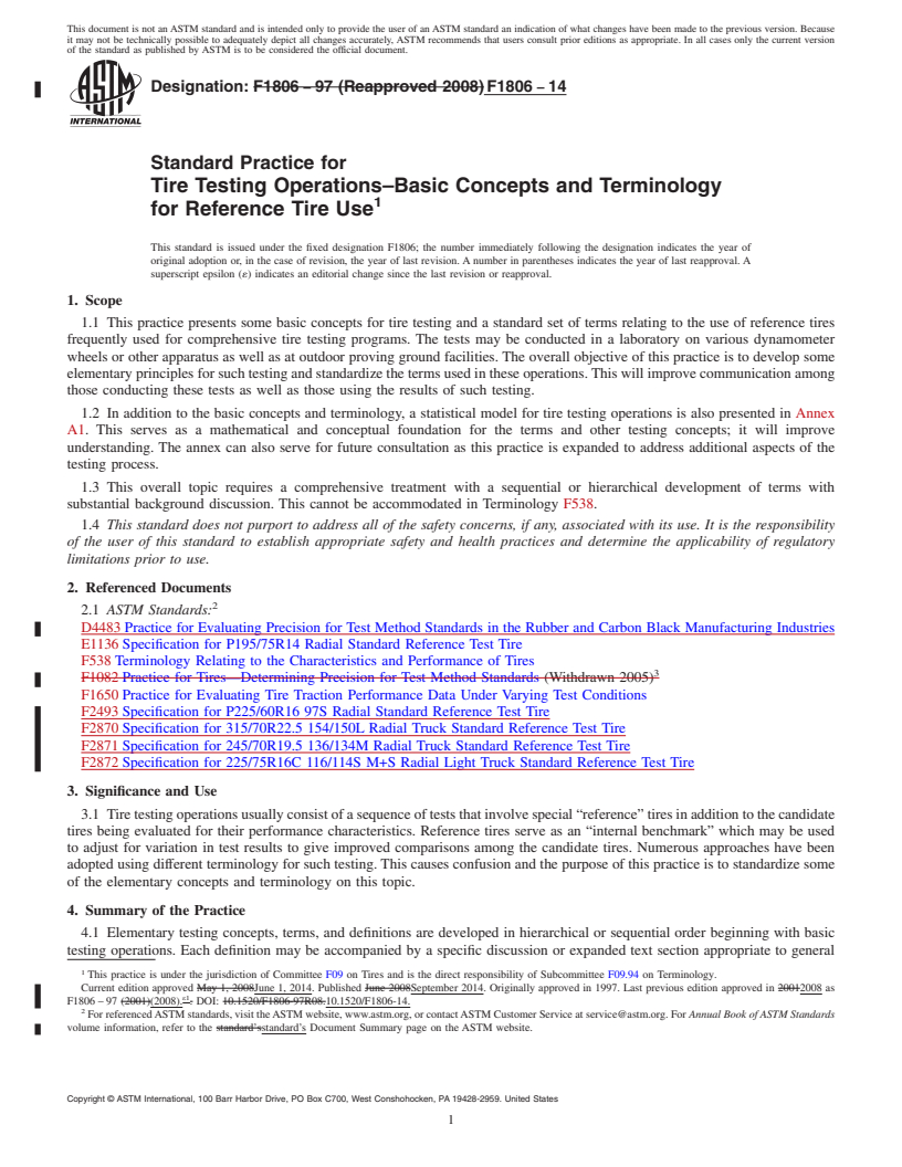 REDLINE ASTM F1806-14 - Standard Practice for Tire Testing Operations&ndash;Basic Concepts and Terminology  for Reference Tire Use