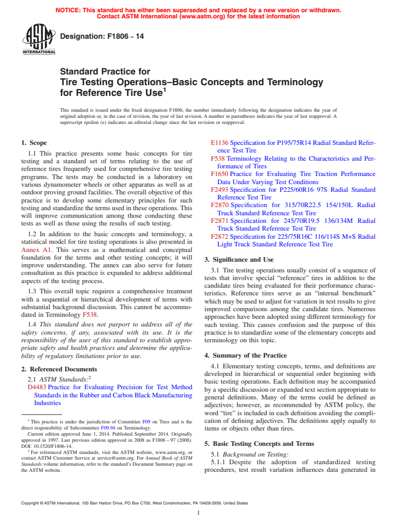 ASTM F1806-14 - Standard Practice for Tire Testing Operations&ndash;Basic Concepts and Terminology  for Reference Tire Use