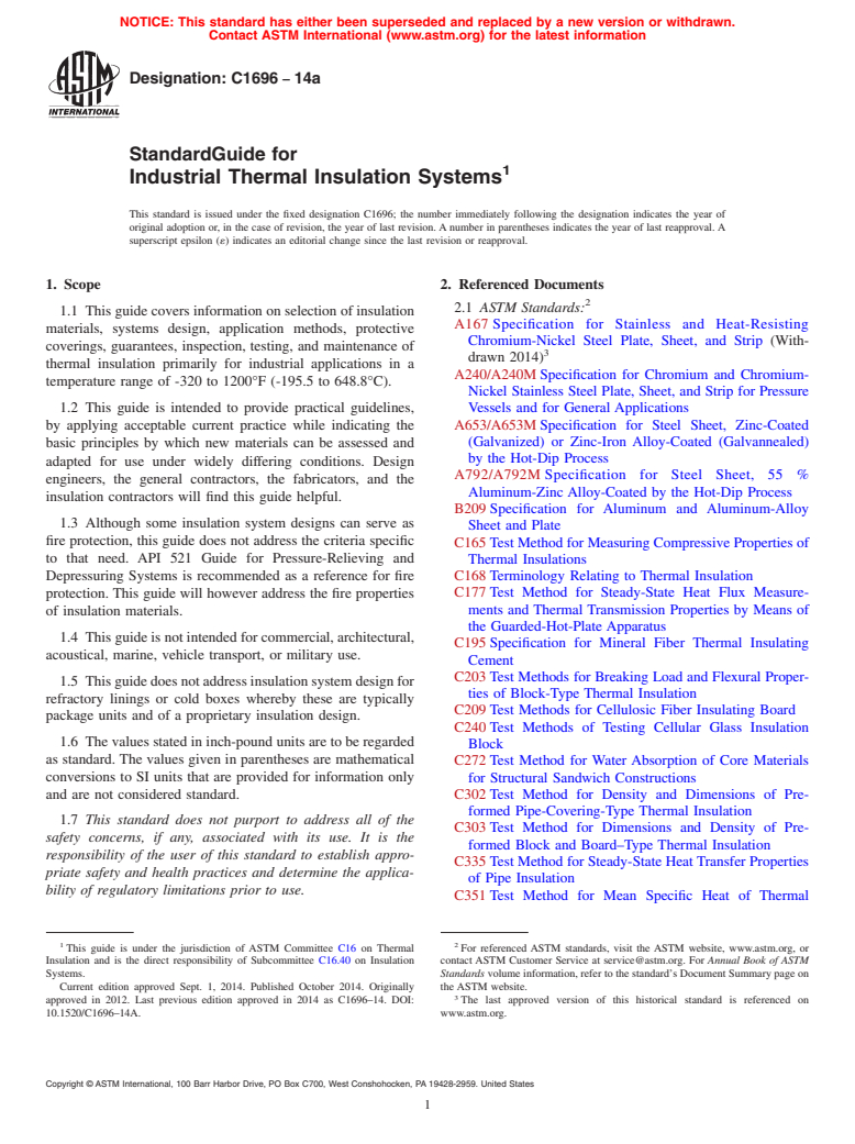 ASTM C1696-14a - Standard Guide for  Industrial Thermal Insulation Systems