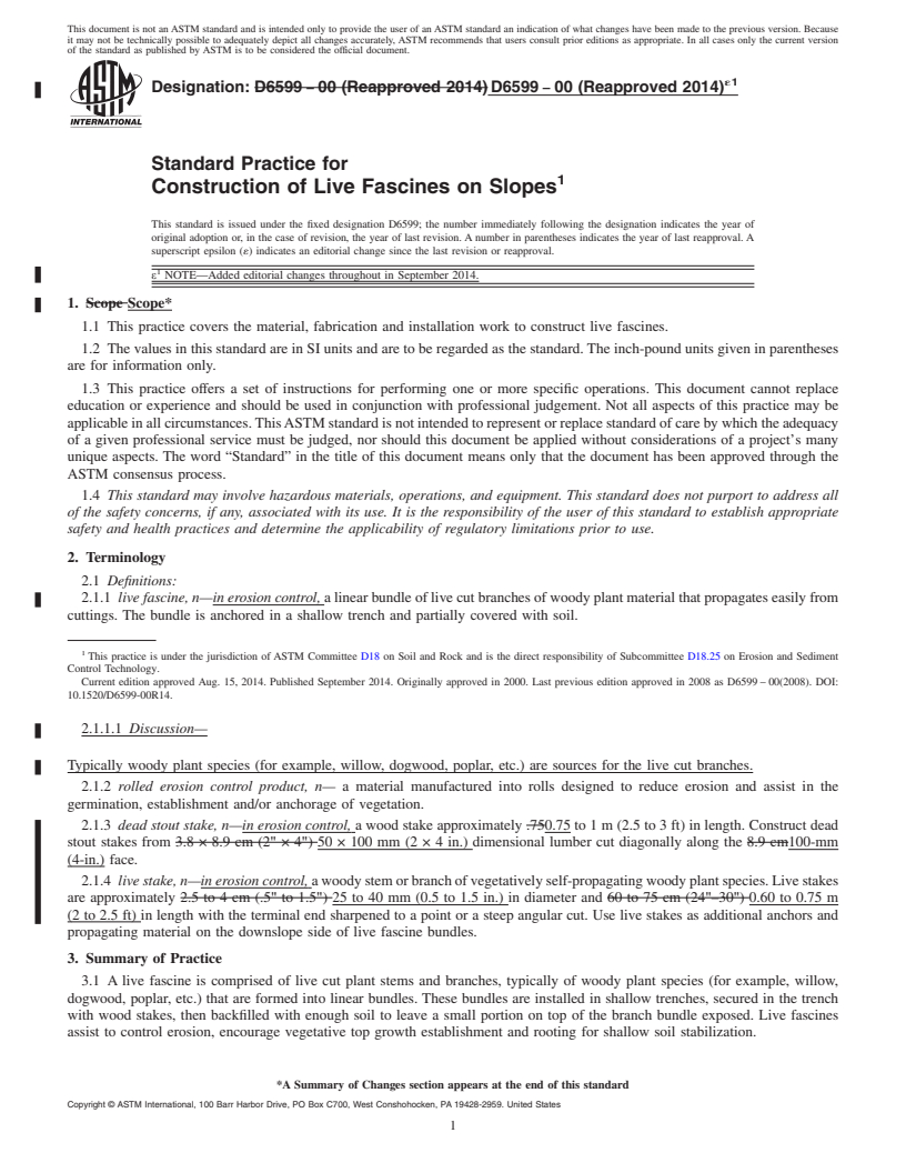 REDLINE ASTM D6599-00(2014)e1 - Standard Practice for  Construction of Live Fascines on Slopes