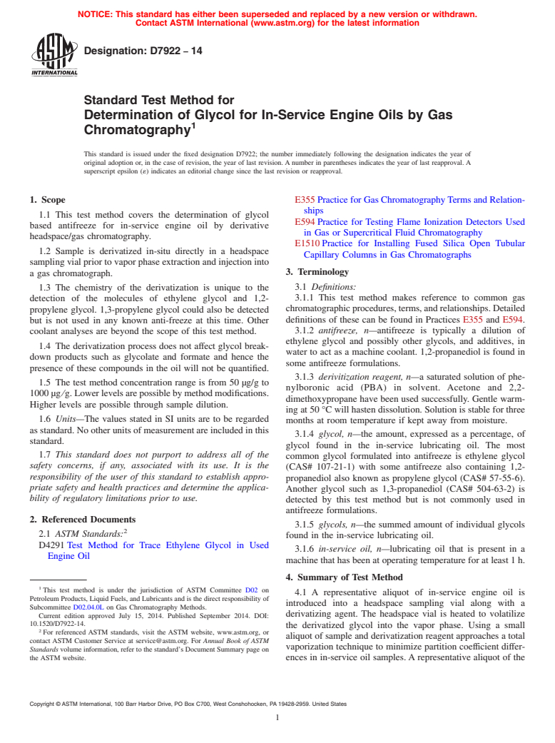 ASTM D7922-14 - Standard Test Method for Determination of  Glycol for In-Service Engine Oils by Gas  Chromatography