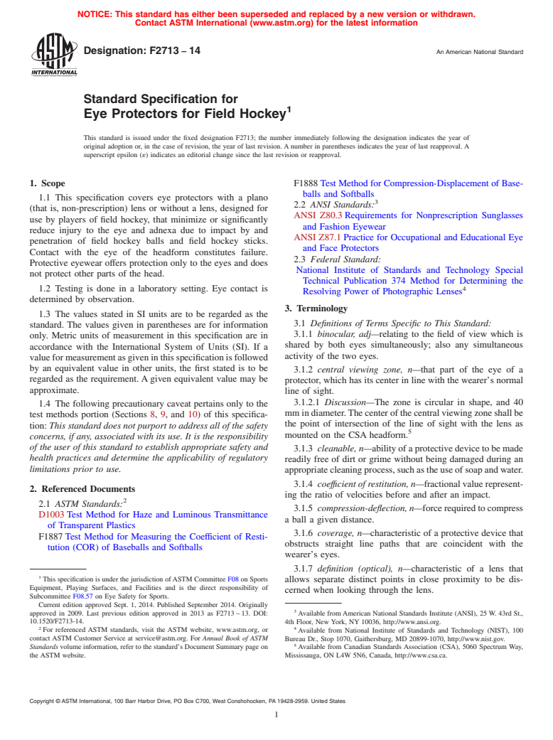 ASTM F2713-14 - Standard Specification for Eye Protectors for Field Hockey