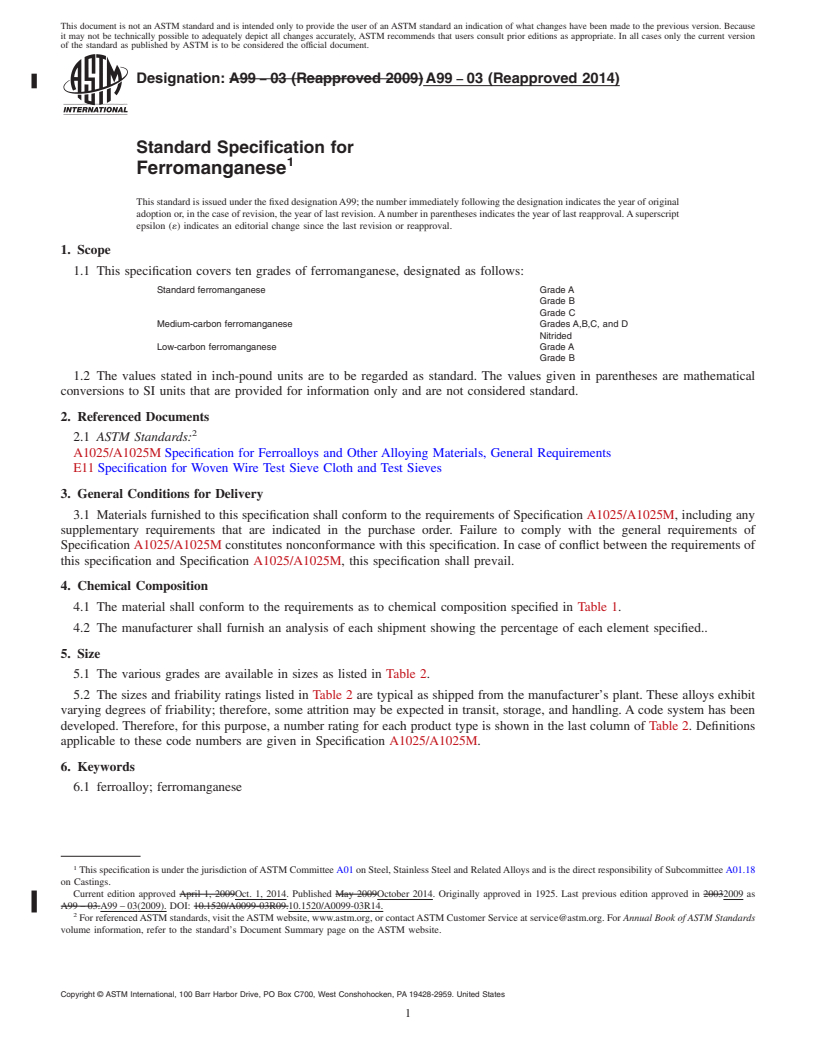 REDLINE ASTM A99-03(2014) - Standard Specification for  Ferromanganese