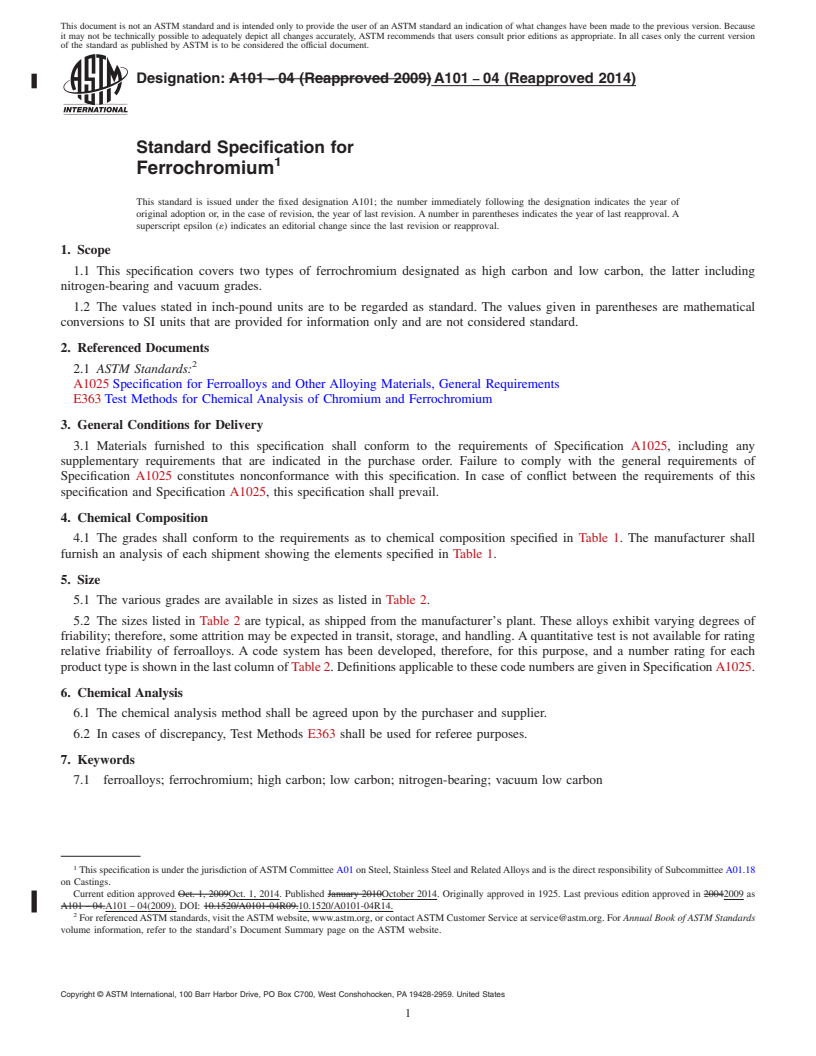 REDLINE ASTM A101-04(2014) - Standard Specification for  Ferrochromium