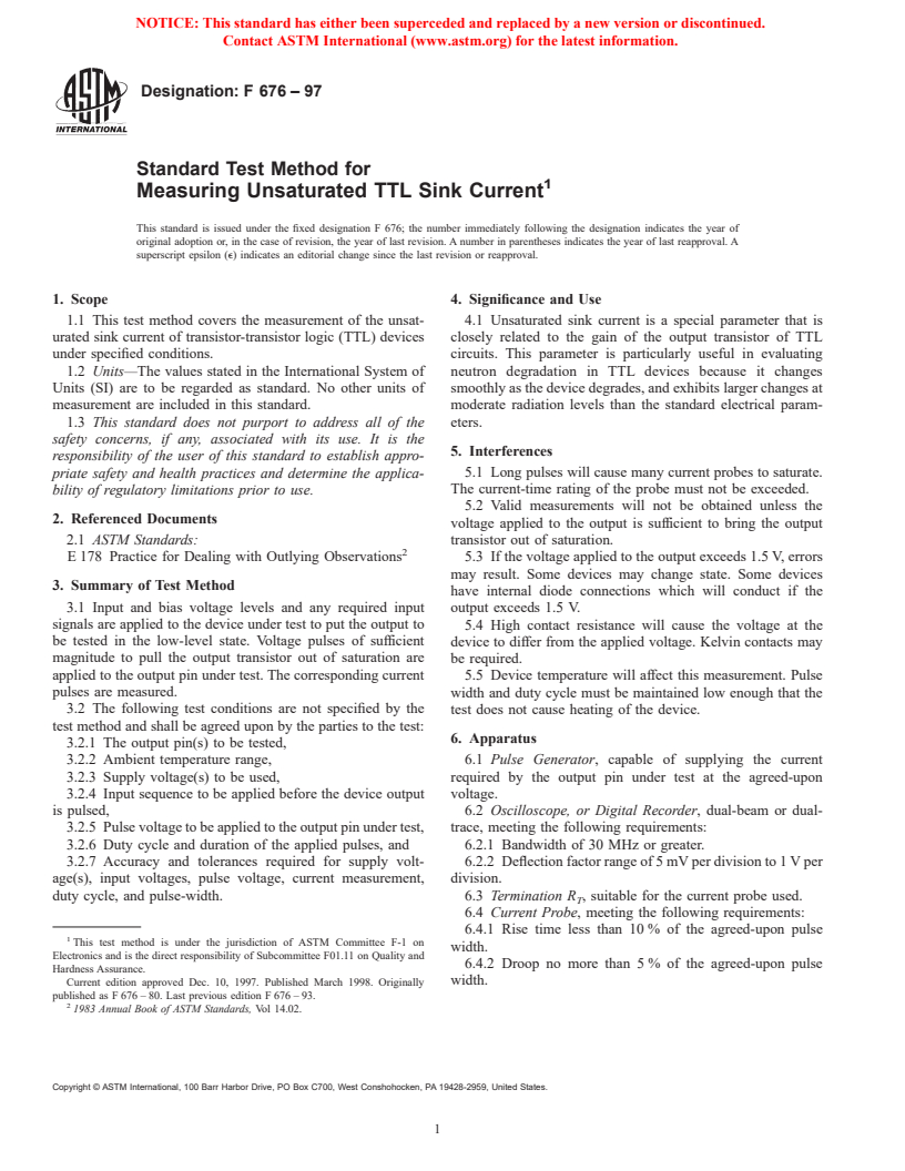 ASTM F676-97 - Standard Test Method for Measuring Unsaturated TTL Sink Current