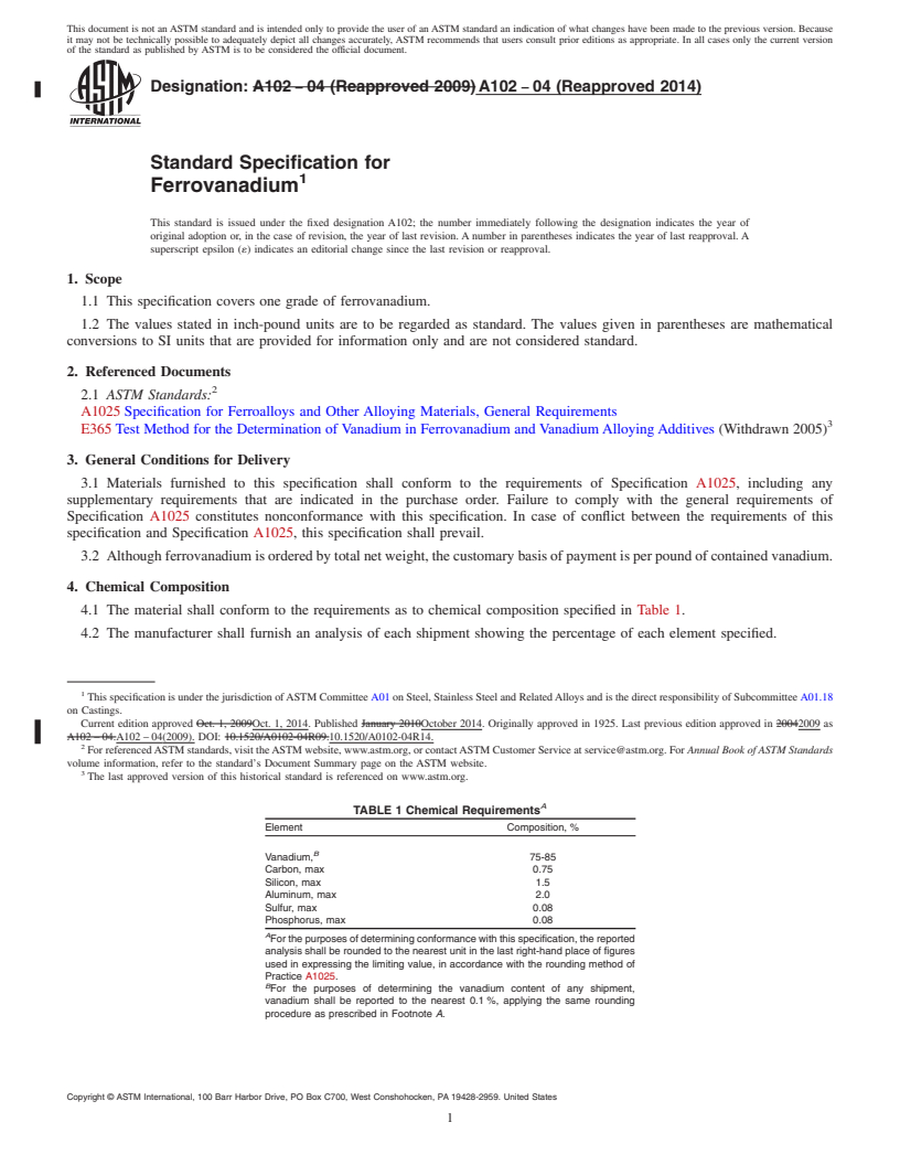 REDLINE ASTM A102-04(2014) - Standard Specification for  Ferrovanadium