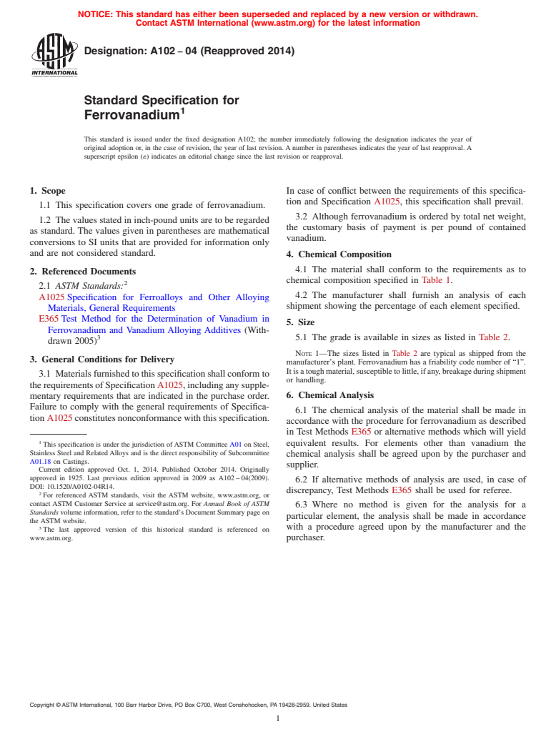 ASTM A102-04(2014) - Standard Specification for  Ferrovanadium