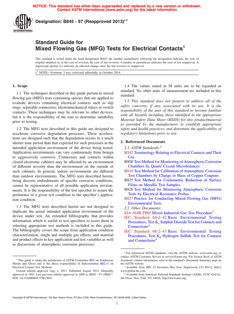 ASTM B845-97(2013)e1 - Standard Guide for Mixed Flowing Gas &#40;MFG&#41; Tests for Electrical Contacts