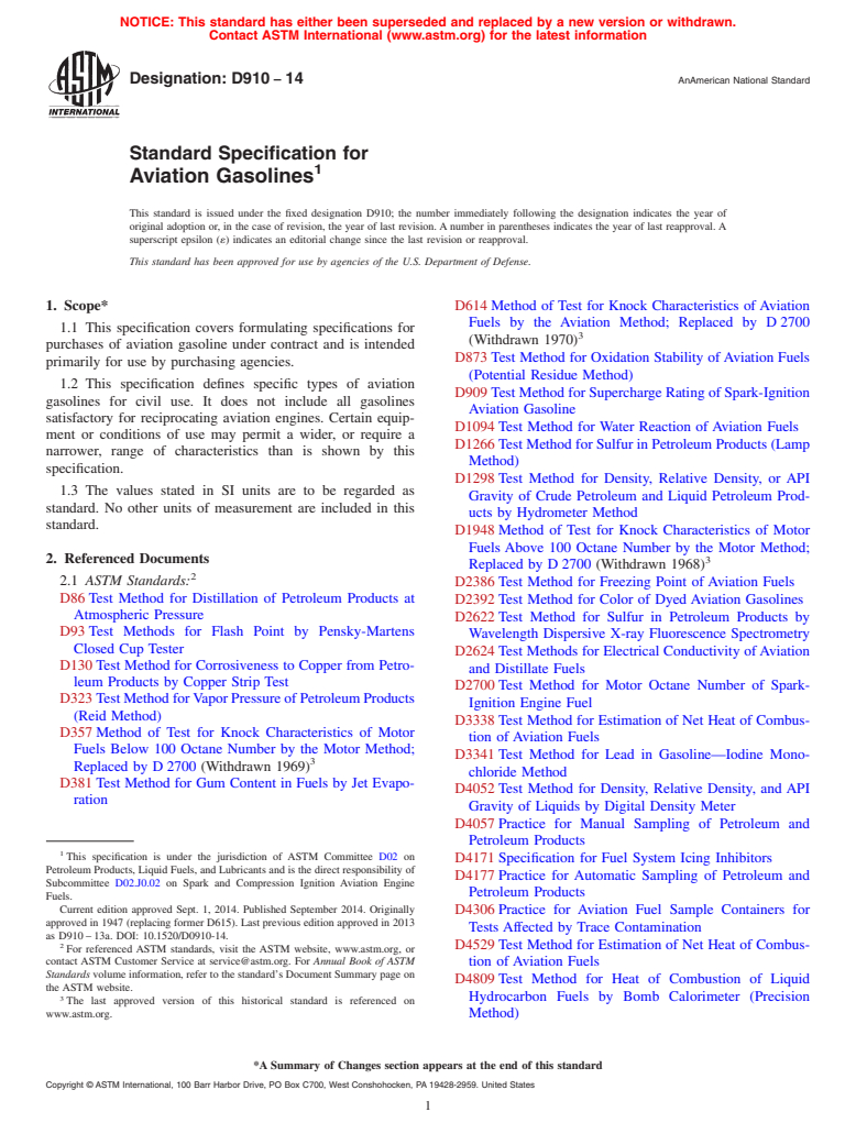 ASTM D910-14 - Standard Specification for  Aviation Gasolines