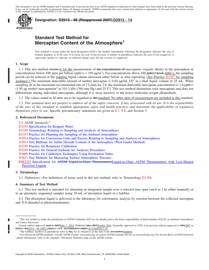 REDLINE ASTM D2913-14 - Standard Test Method for  Mercaptan Content of the Atmosphere