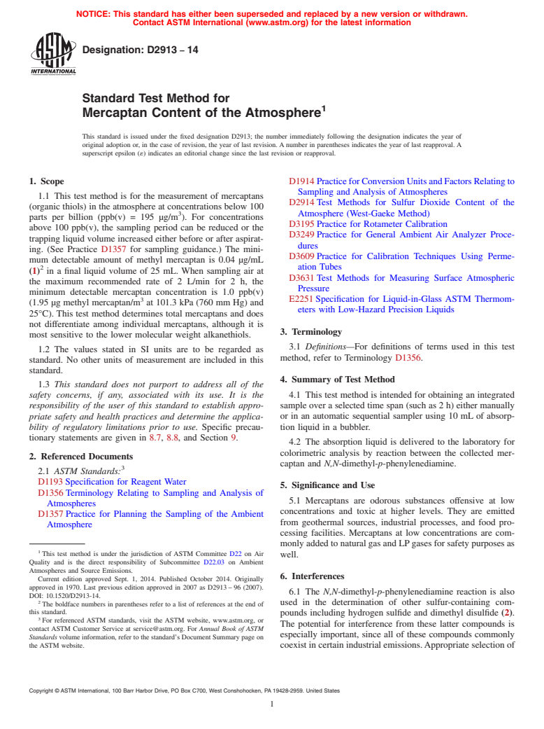 ASTM D2913-14 - Standard Test Method for  Mercaptan Content of the Atmosphere