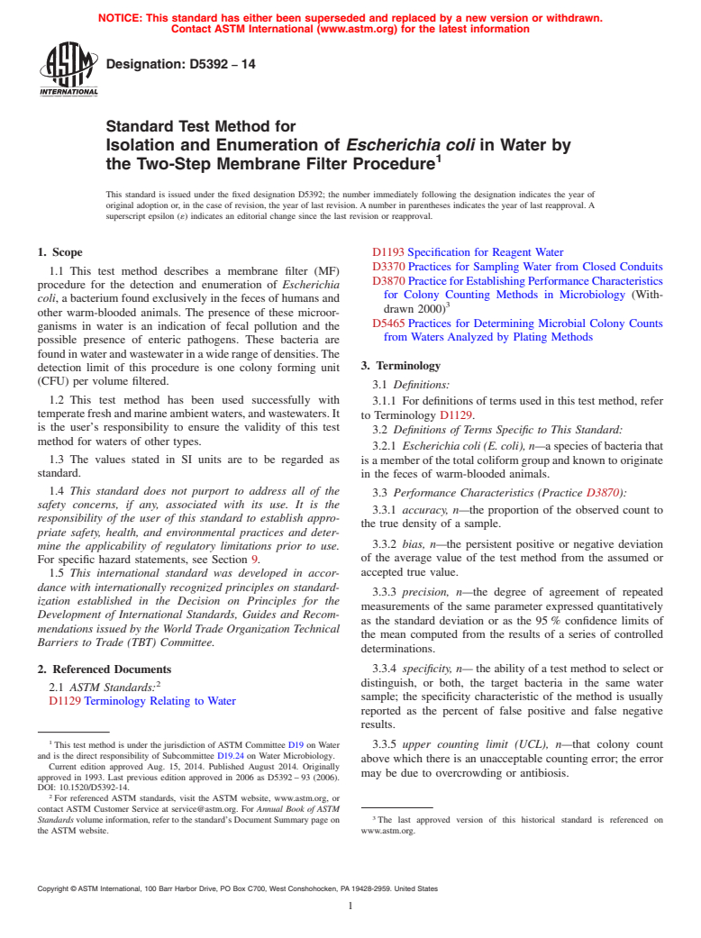 ASTM D5392-14 - Standard Test Method for  Isolation and Enumeration of <emph type="bdit">Escherichia  Coli</emph>  in Water by the Two-Step Membrane Filter Procedure