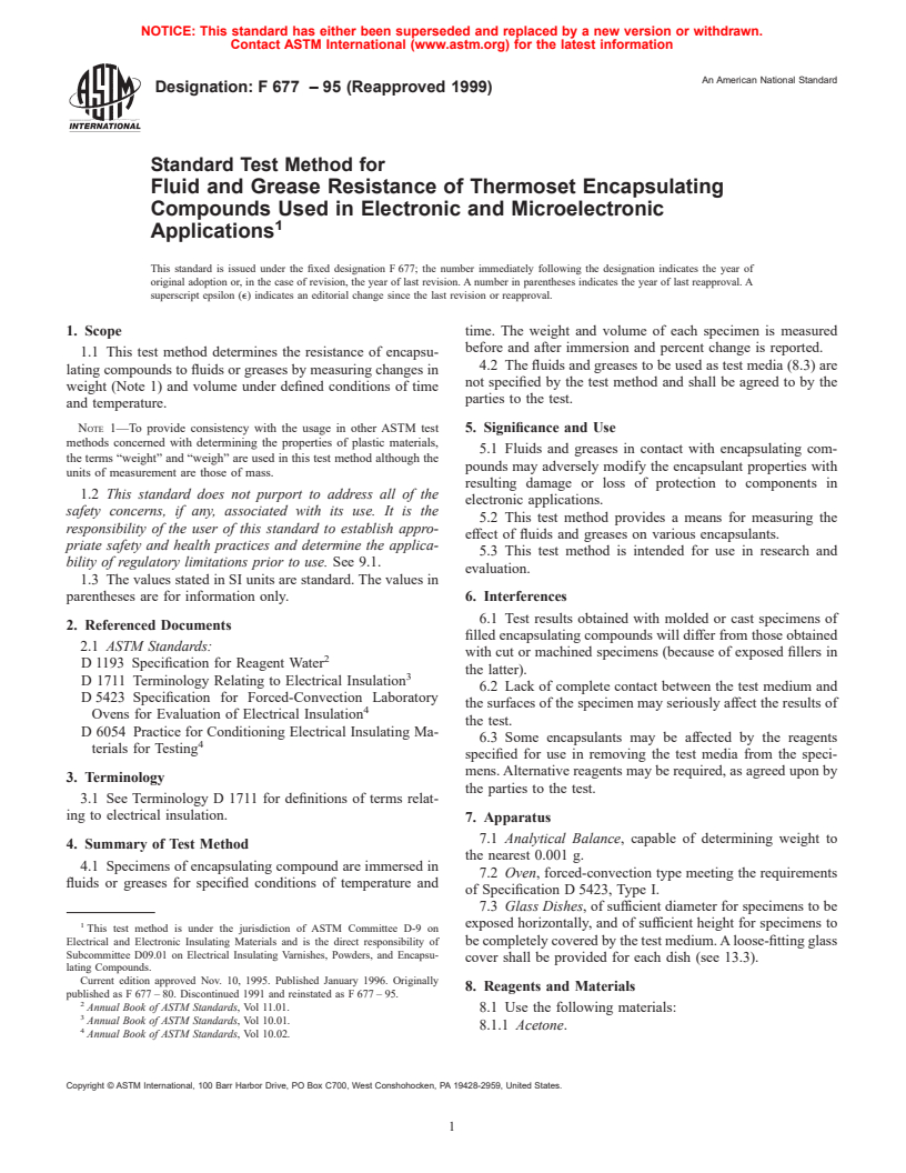 ASTM F677-95(1999) - Standard Test Method for Fluid and Grease Resistance of Thermoset Encapsulating Compounds Used in Electronic and Microelectronic Applications