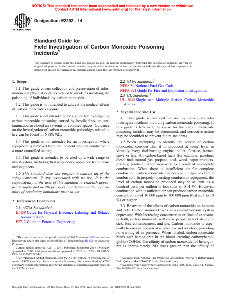 ASTM E2292-14 - Standard Guide for  Field Investigation of Carbon Monoxide Poisoning Incidents