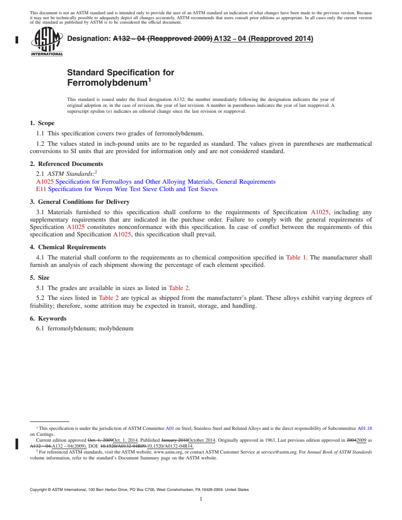 REDLINE ASTM A132-04(2014) - Standard Specification for  Ferromolybdenum