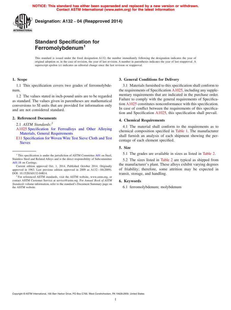 ASTM A132-04(2014) - Standard Specification for  Ferromolybdenum