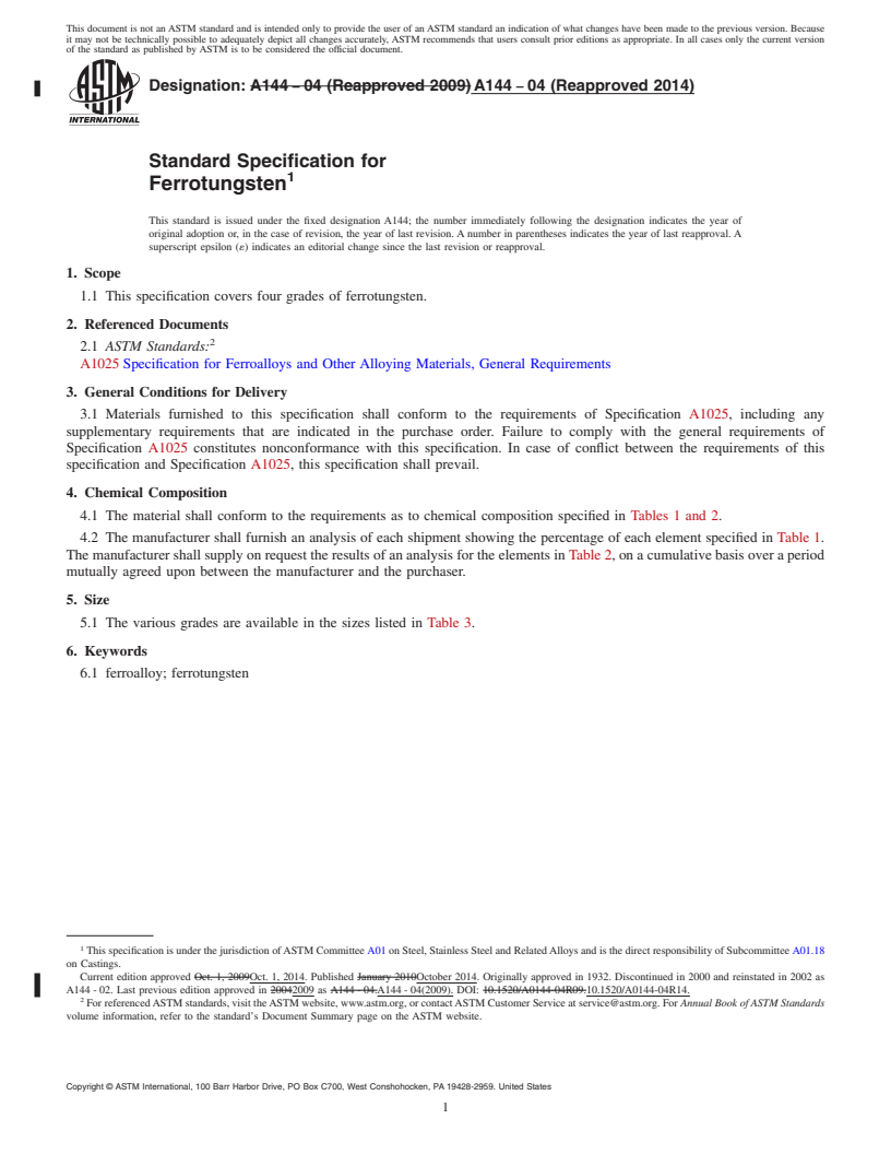 REDLINE ASTM A144-04(2014) - Standard Specification for  Ferrotungsten