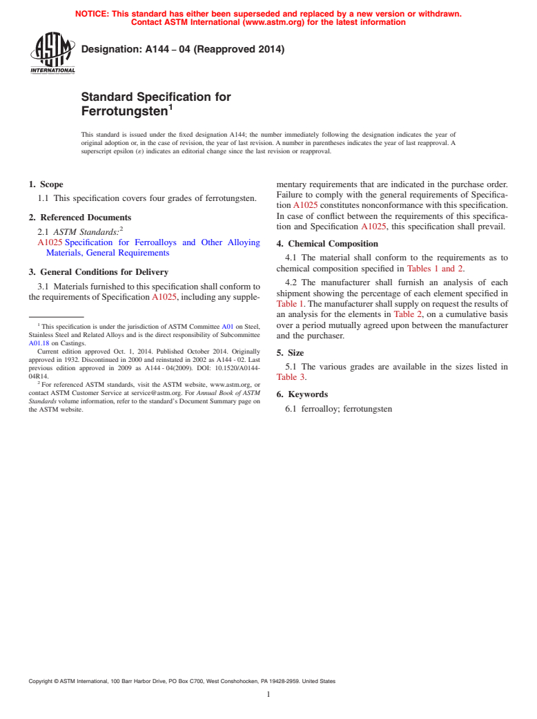 ASTM A144-04(2014) - Standard Specification for  Ferrotungsten