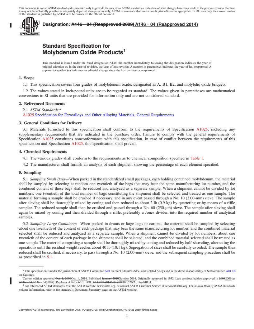 REDLINE ASTM A146-04(2014) - Standard Specification for  Molybdenum Oxide Products