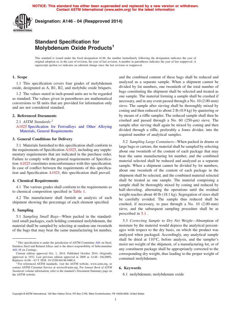 ASTM A146-04(2014) - Standard Specification for  Molybdenum Oxide Products