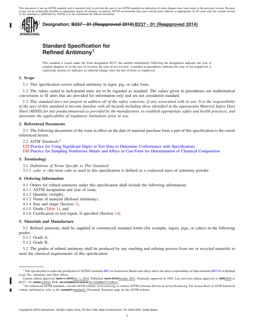 REDLINE ASTM B237-01(2014) - Standard Specification for Refined Antimony